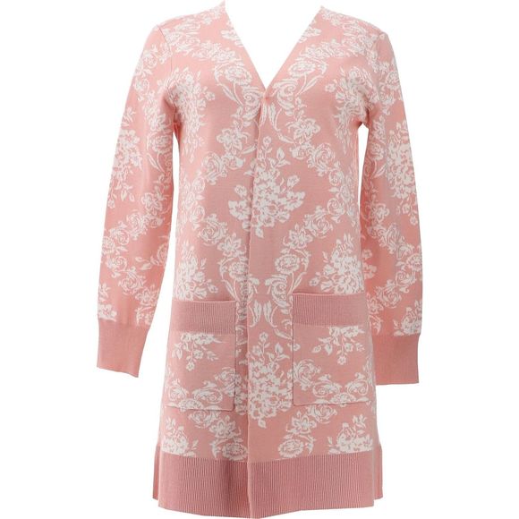 Nina Leonard Sweaters - Nina Leonard Jacquard Open-Front Cardigan Pockets Blush Ivory 729837S